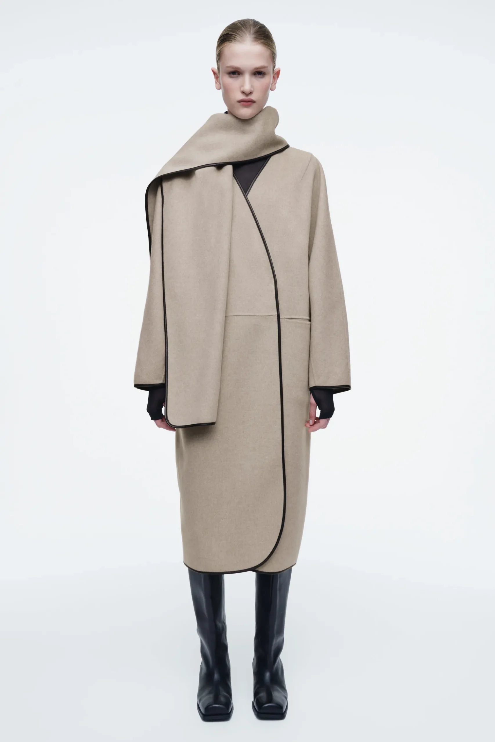 Fashion COS PŁASZCZ Z SZALEM I SKÓRZANYMI WYKOŃCZENIAMI