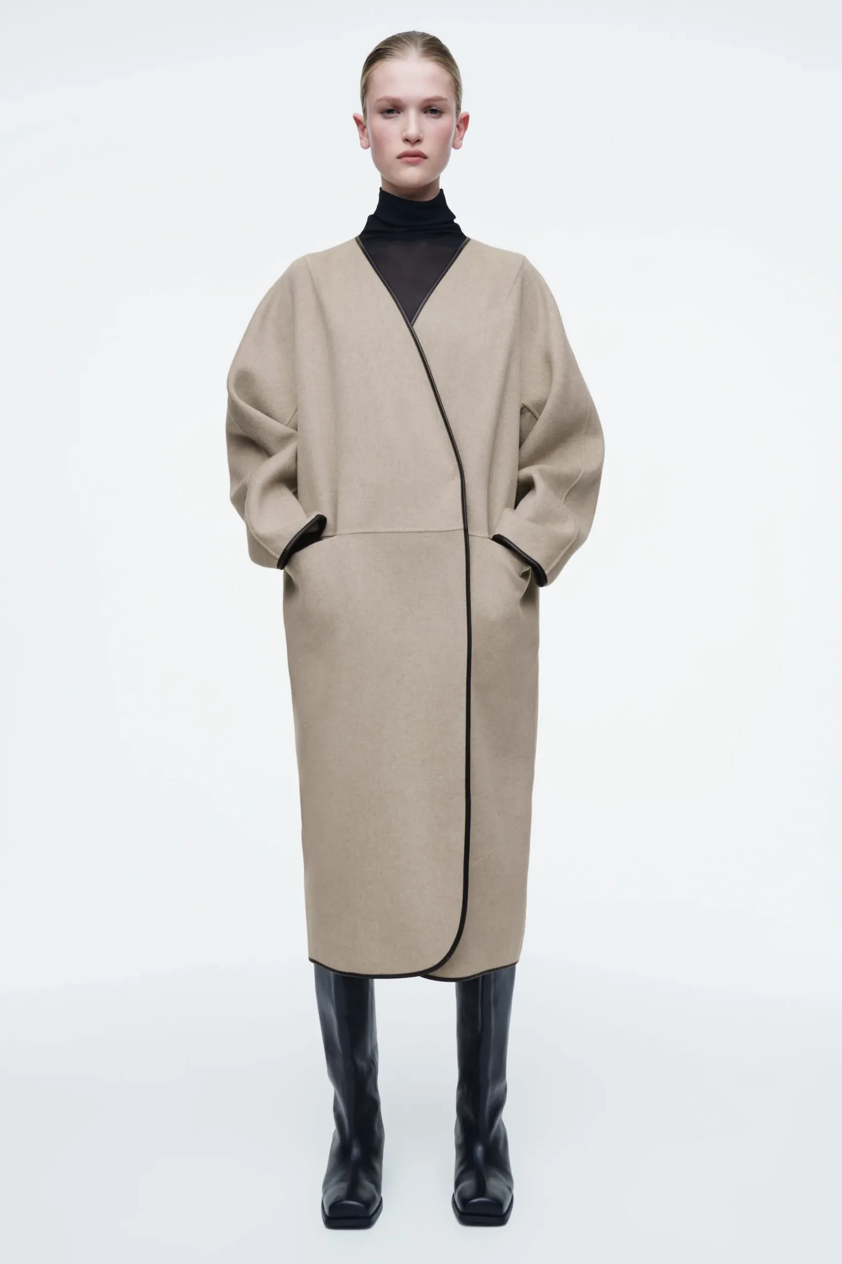 Fashion COS PŁASZCZ Z SZALEM I SKÓRZANYMI WYKOŃCZENIAMI