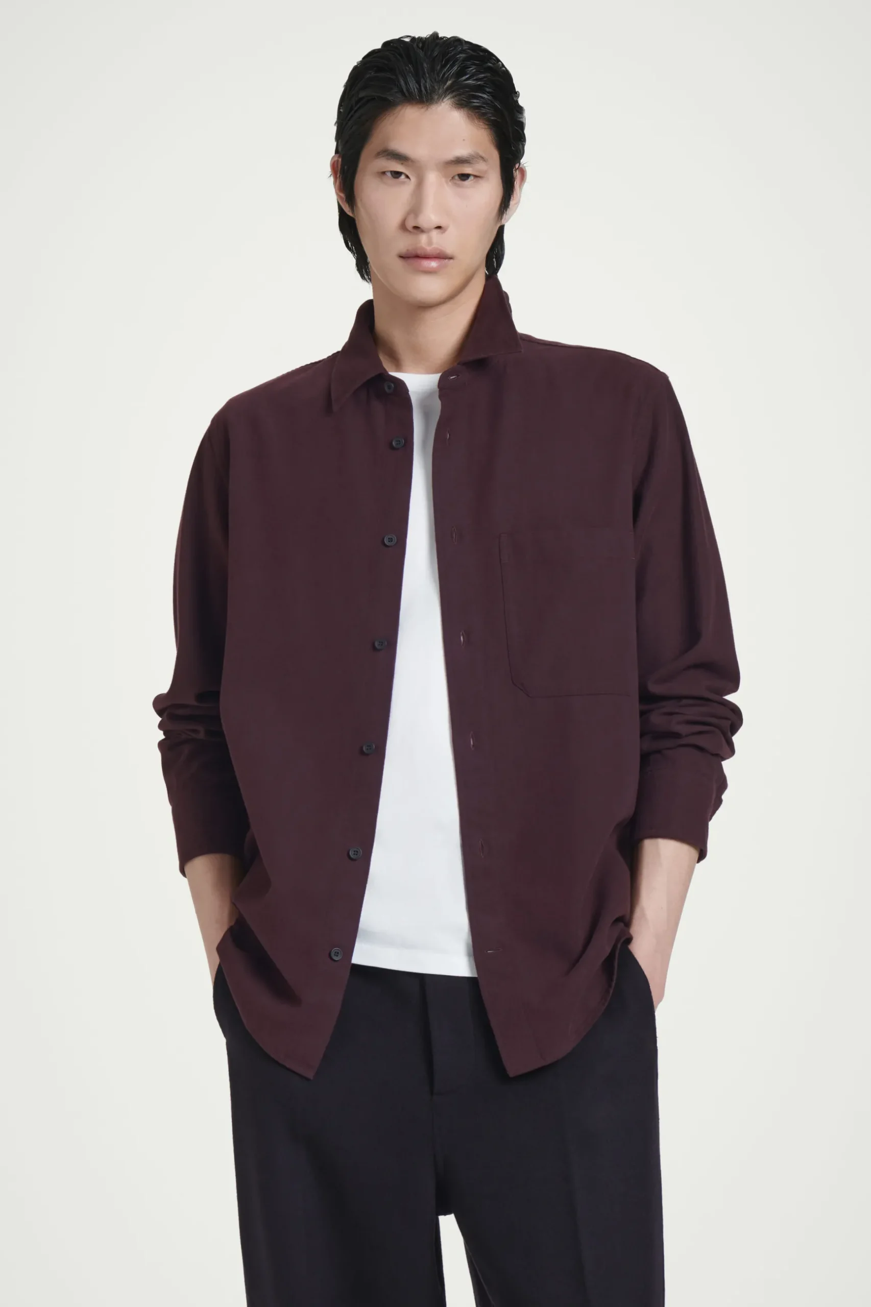 New COS KOSZULA ZE SZCZOTKOWANEGO MATERIAŁU – RELAXED FIT Burgundowy