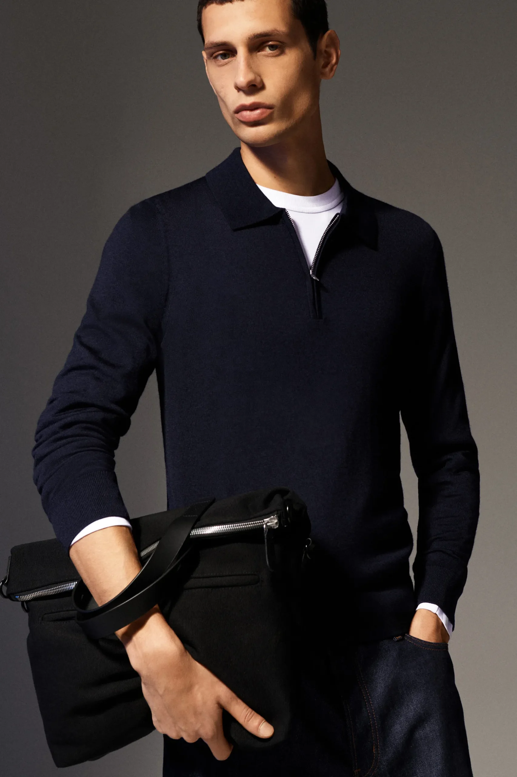 New COS KOSZULKA POLO Z WEŁNY MERINO Granatowy