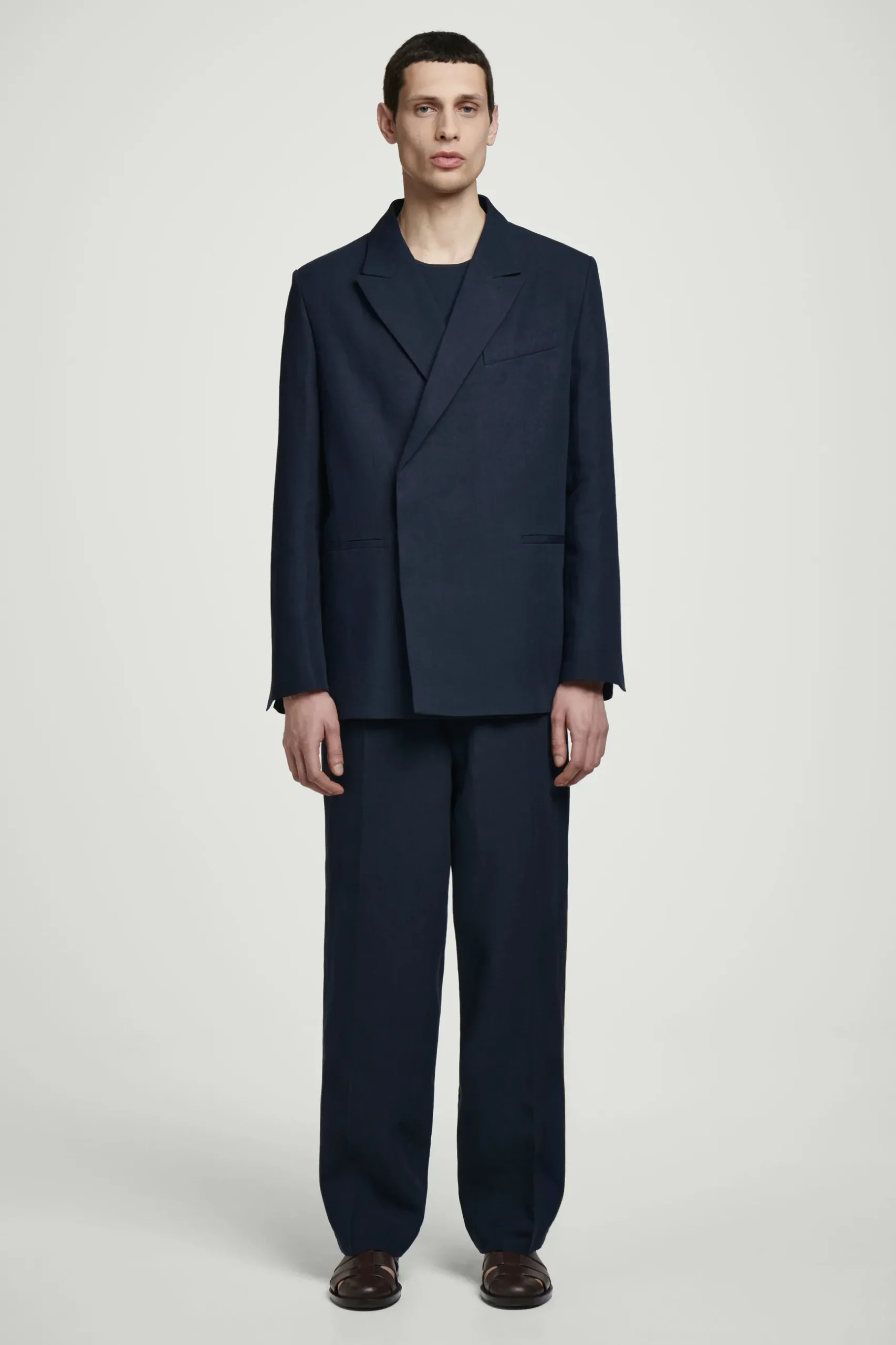 New COS RELAXED DOUBLEBREASTED LINEN BLAZER Granatowy