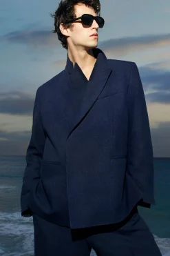 New COS RELAXED DOUBLEBREASTED LINEN BLAZER Granatowy